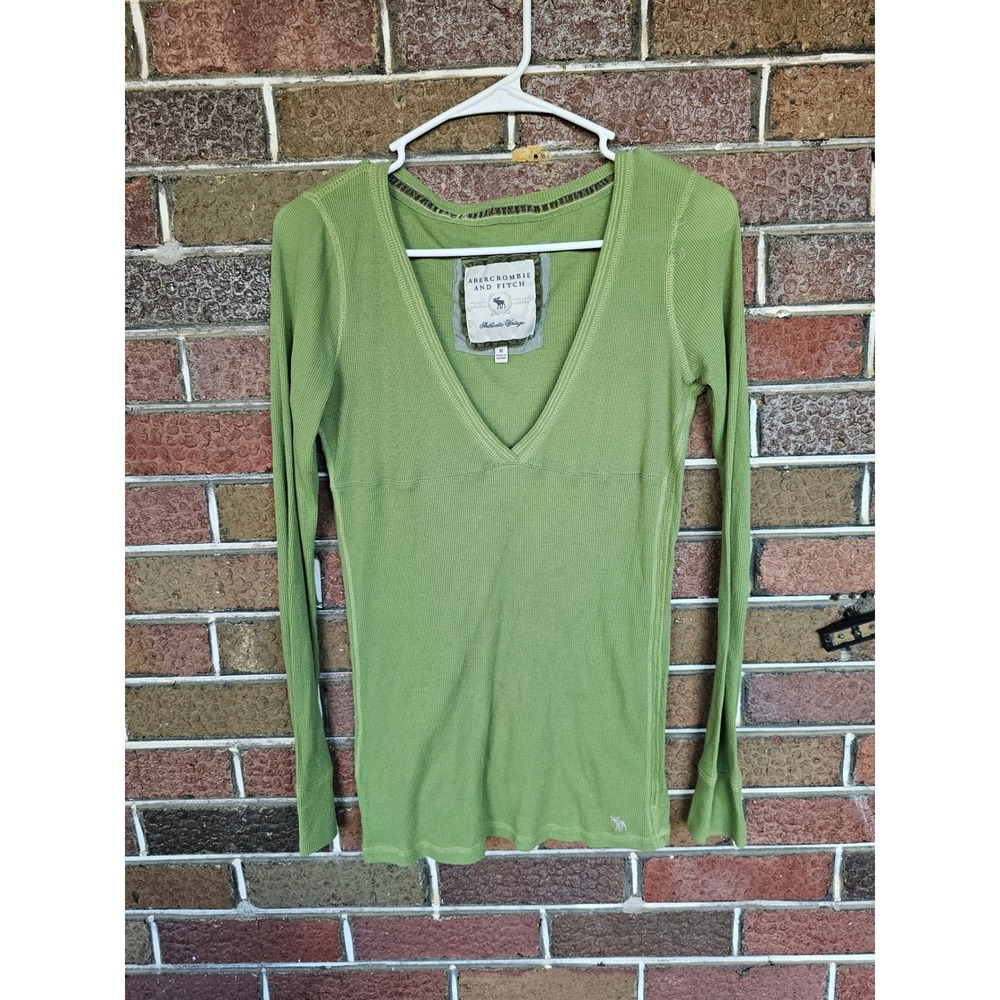 Y2K Abercrombie & Fitch Green Ribbed V-Neck Long Sleeve Top Vintage bella swan